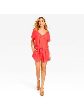 Coral V-Neck Linen Romper
